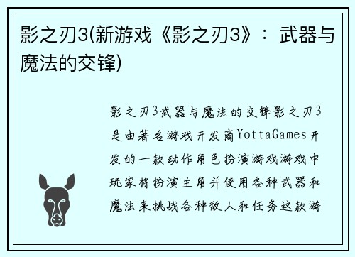 影之刃3(新游戏《影之刃3》：武器与魔法的交锋)